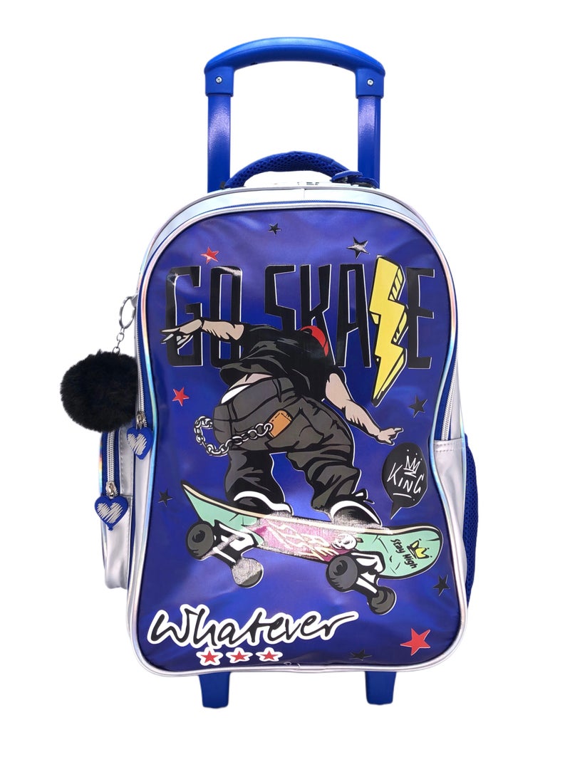 Blue Skate Design Rolling Backpack 15 inch Wheeled Kids Backpack with Lunch Bag and Pencil Case for Boys Blue And Silver