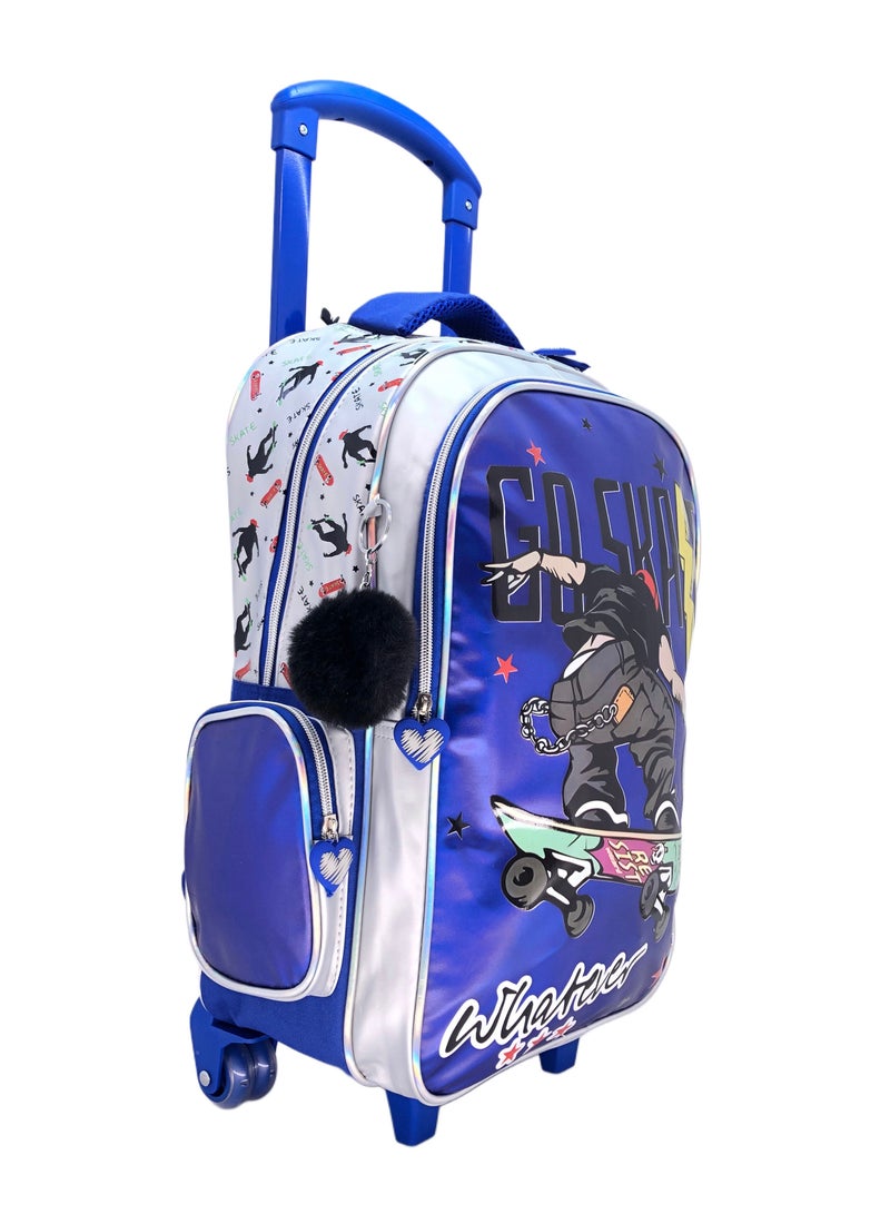 Blue Skate Design Rolling Backpack 15 inch Wheeled Kids Backpack with Lunch Bag and Pencil Case for Boys Blue And Silver