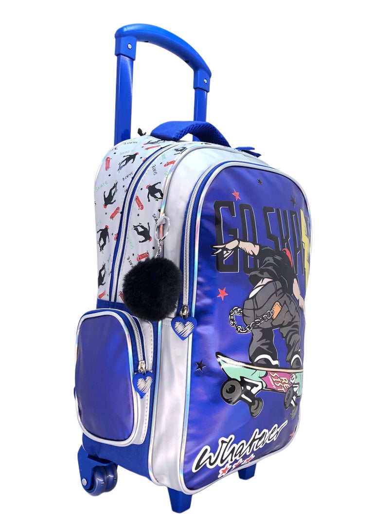 Blue Skate Design Rolling Backpack 18 inch Wheeled Kids Backpack with Lunch Bag and Pencil Case for Boys Blue And Silver