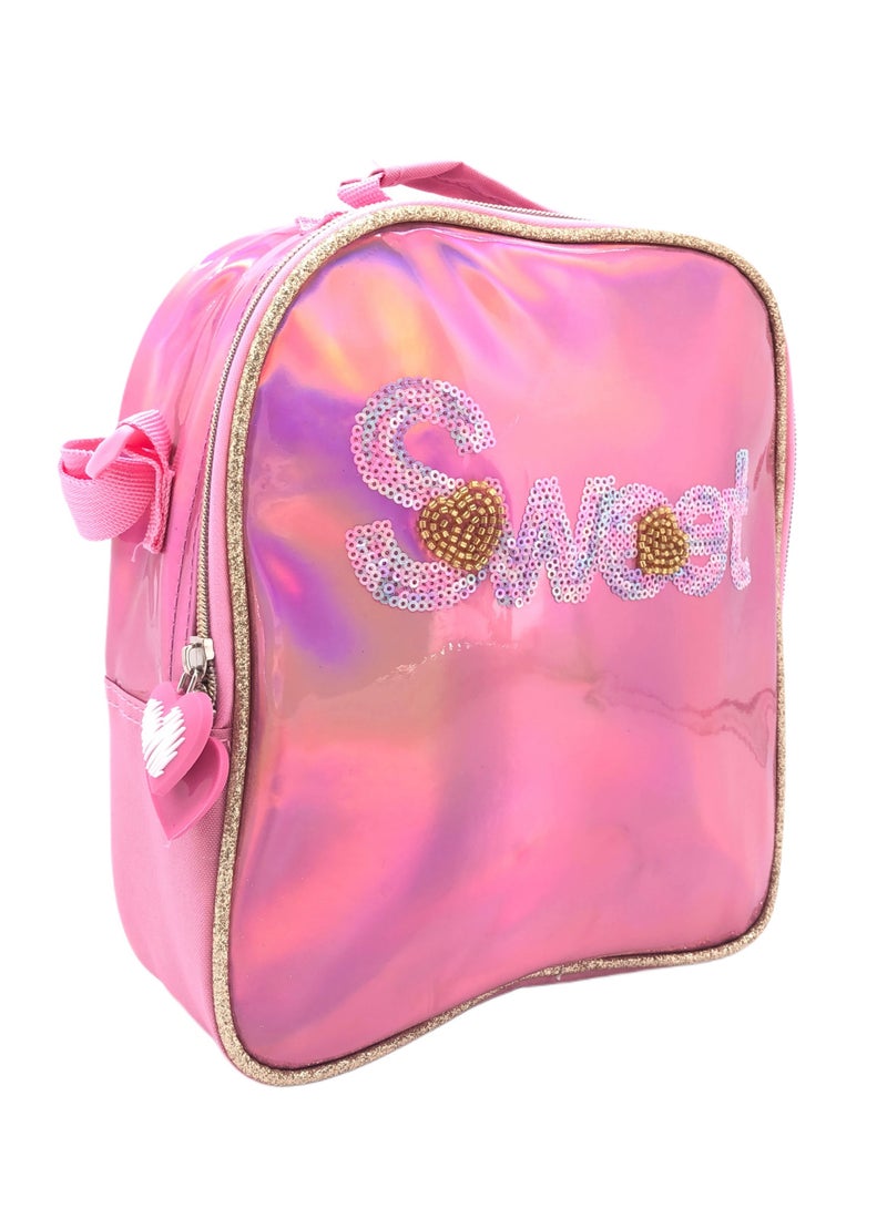 Pink Heart and Butterfly Design Rolling Backpack 15 inch Wheeled Kids Backpack with Lunch Bag and Pencil Case for Girls Blue and Pink