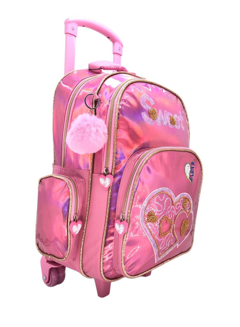 Pink Heart and Butterfly Design Rolling Backpack 15 inch Wheeled Kids Backpack with Lunch Bag and Pencil Case for Girls Blue and Pink