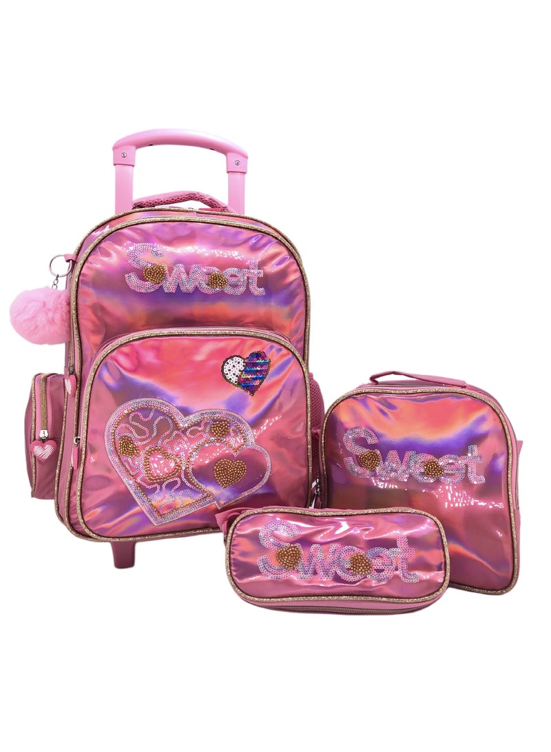 Pink Heart and Butterfly Design Rolling Backpack 15 inch Wheeled Kids Backpack with Lunch Bag and Pencil Case for Girls Blue and Pink