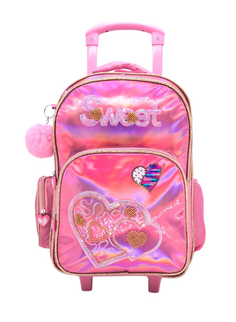 Pink Heart and Butterfly Design Rolling Backpack 15 inch Wheeled Kids Backpack with Lunch Bag and Pencil Case for Girls Blue and Pink