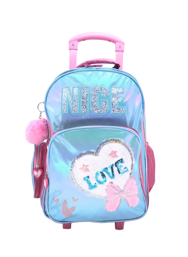 Blue Pink Love Design Rolling Backpack 15 inch Wheeled Kids Backpack with Lunch Bag and Pencil Case for Girls Blue and Pink