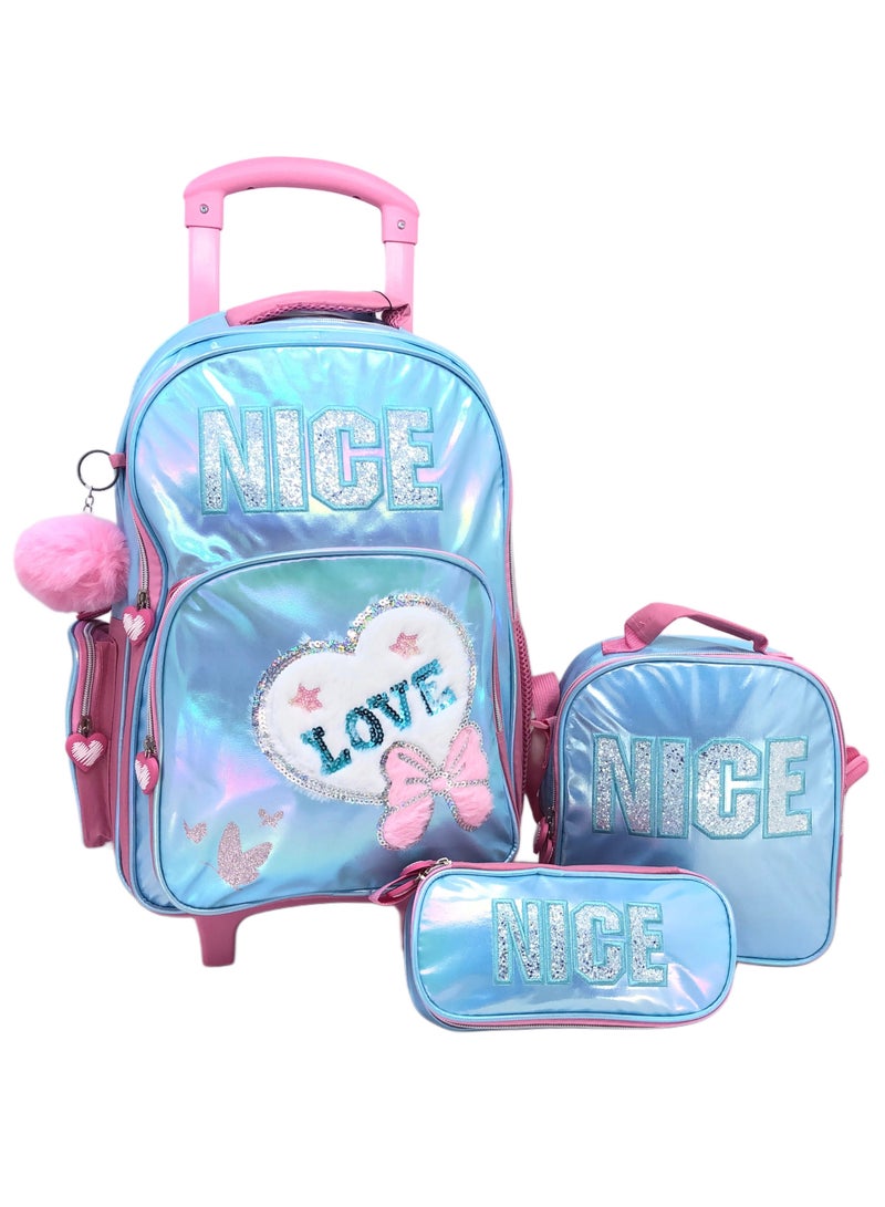 Blue Pink Love Design Rolling Backpack 15 inch Wheeled Kids Backpack with Lunch Bag and Pencil Case for Girls Blue and Pink