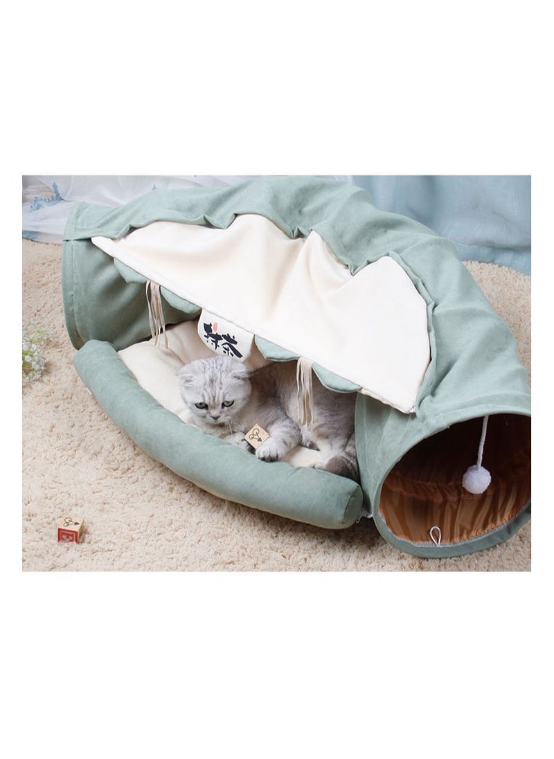 Cat Toy Collapsible Tunnel Bed Comfortable Cave, Round Hug and Snuggle Hole Pet Nest Bed Channel Detachable Cover Suitable for Kittens-Free 2 Rotating Catnip Balls- Green color