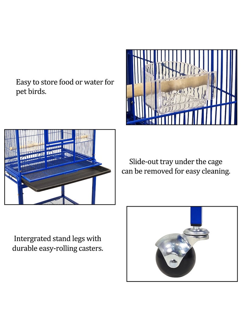 Birdcage for Small to medium birds, Stainless steel birdcage with Detachable rolling stand, Perches, Feeding bowls, Removable tray, Storage shelf, and Universal wheels 135 cm (Blue)