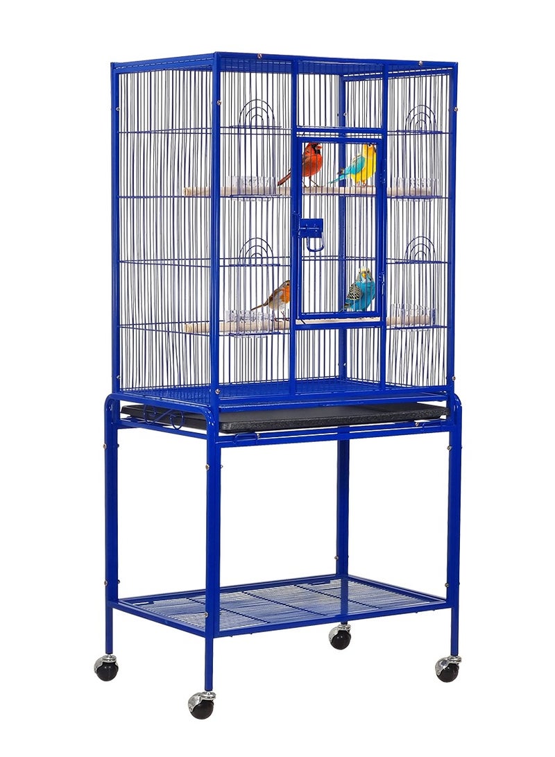 Birdcage for Small to medium birds, Stainless steel birdcage with Detachable rolling stand, Perches, Feeding bowls, Removable tray, Storage shelf, and Universal wheels 135 cm (Blue)