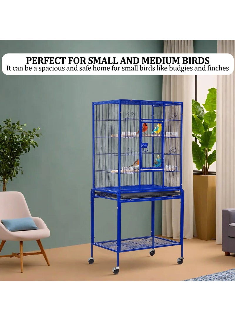 Birdcage for Small to medium birds, Stainless steel birdcage with Detachable rolling stand, Perches, Feeding bowls, Removable tray, Storage shelf, and Universal wheels 135 cm (Blue)