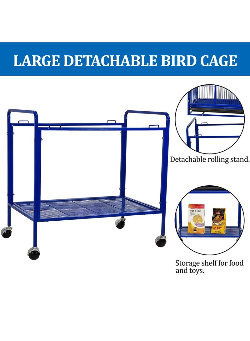 Birdcage for Small to medium birds, Stainless steel birdcage with Detachable rolling stand, Perches, Feeding bowls, Removable tray, Storage shelf, and Universal wheels 135 cm (Blue)