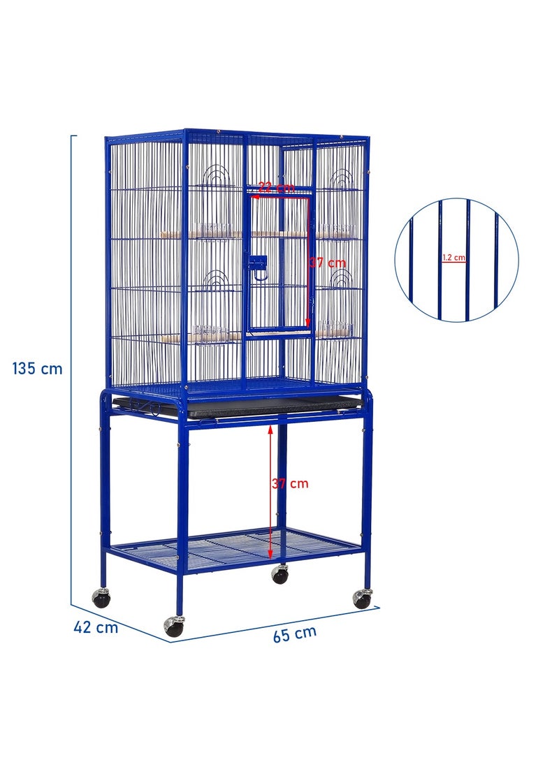 Birdcage for Small to medium birds, Stainless steel birdcage with Detachable rolling stand, Perches, Feeding bowls, Removable tray, Storage shelf, and Universal wheels 135 cm (Blue)