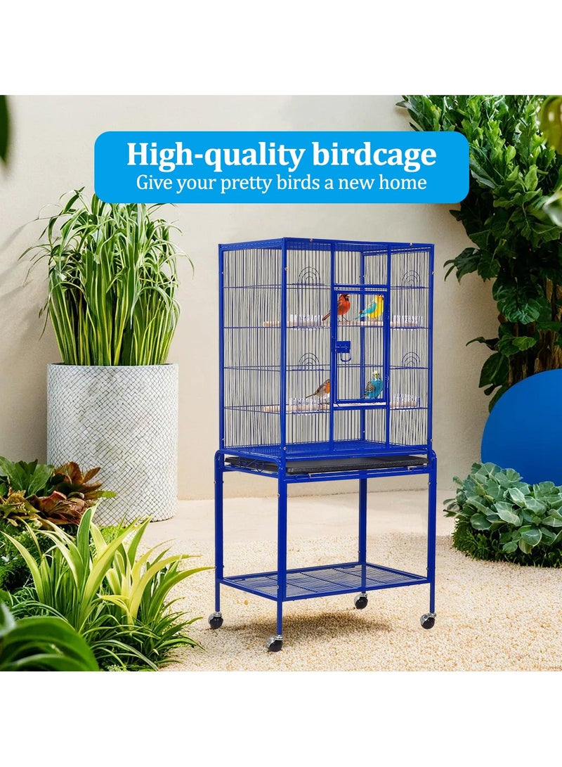 Birdcage for Small to medium birds, Stainless steel birdcage with Detachable rolling stand, Perches, Feeding bowls, Removable tray, Storage shelf, and Universal wheels 135 cm (Blue)