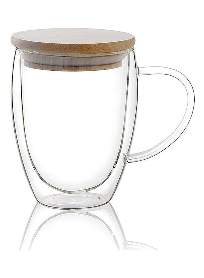 Double Walled Glass Coffee Cups with Handle and  Bamboo Lid Clear 350ml