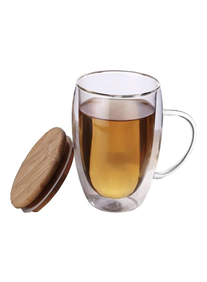 Double Walled Glass Coffee Cups with Handle and  Bamboo Lid Clear 350ml