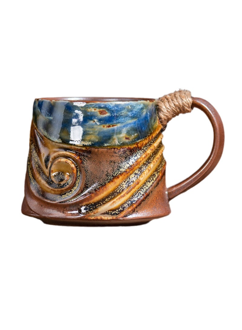 Special-Shaped Mugs, Retro Ceramic Cups, Irregular Cups, Stoneware Water Cups, High-Value Coffee Cups（Brown Base Bright Blue 300ml）