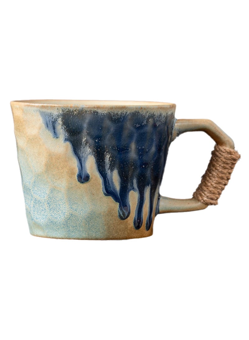 Special-Shaped Mugs, Retro Ceramic Cups, Irregular Cups, Stoneware Water Cups, High-Value Coffee Cups（Flow Glaze Blue 350ml）