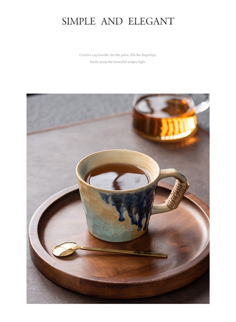 Special-Shaped Mugs, Retro Ceramic Cups, Irregular Cups, Stoneware Water Cups, High-Value Coffee Cups（Flow Glaze Blue 350ml）