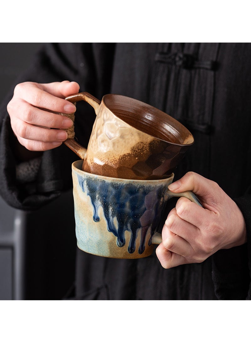 Special-Shaped Mugs, Retro Ceramic Cups, Irregular Cups, Stoneware Water Cups, High-Value Coffee Cups（Flow Glaze Blue 350ml）