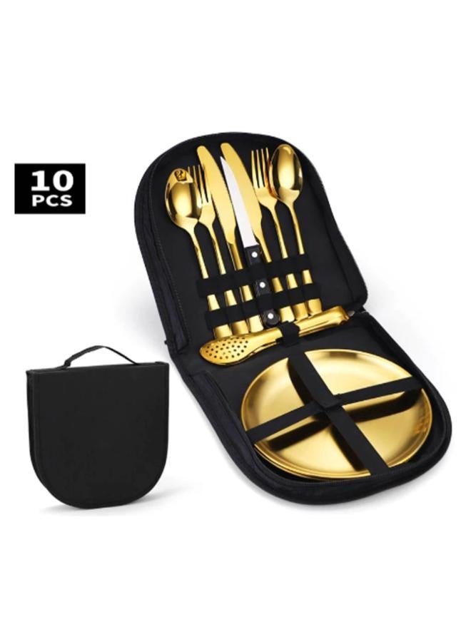 Outdoor Picnic Tableware, Camping Dinnerware Set with Spoon Fork Knife, 9 Piece Silverware Set With Organizer, Portable Stainless Steel Flatware Set