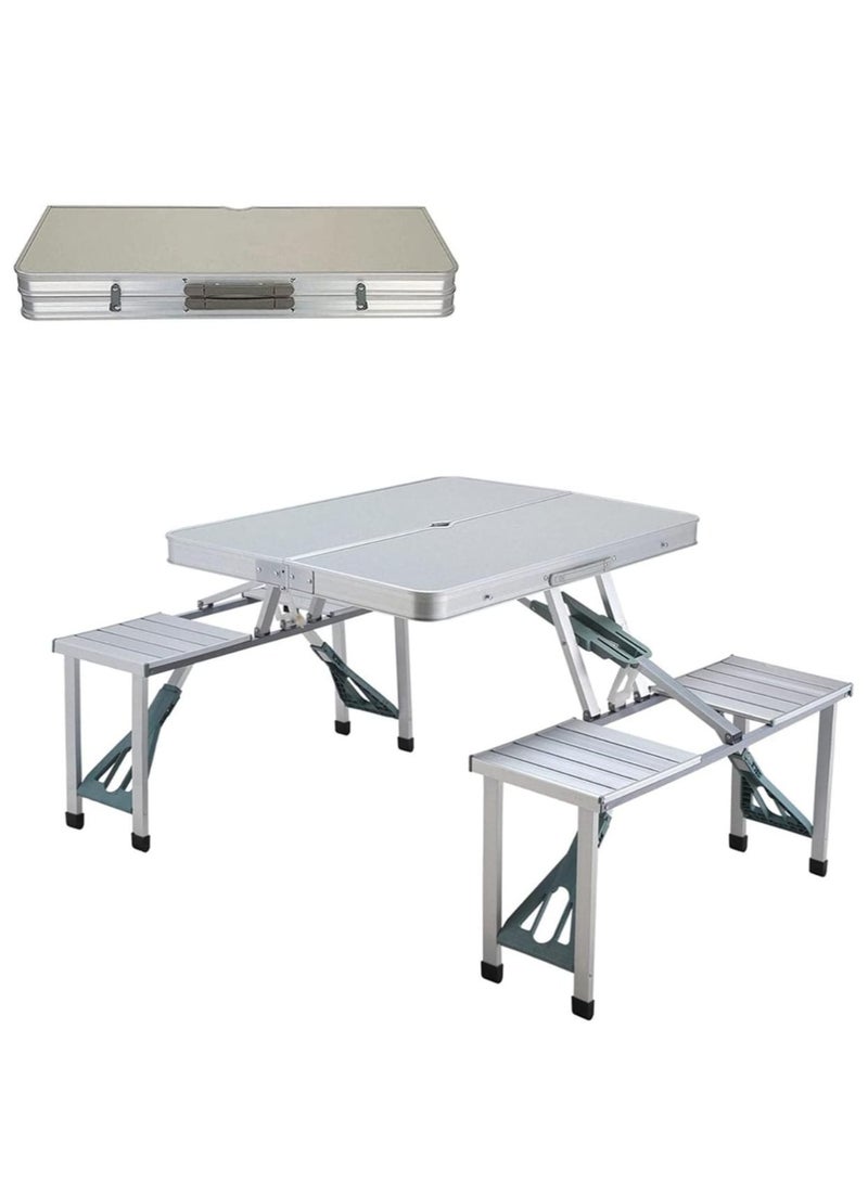 Outdoor Aluminum Portable Folding Camp Table with 4 Seats – Lightweight Silver Picnic Table Suitcase for Camping, Tailgating, and Backyard Gatherings