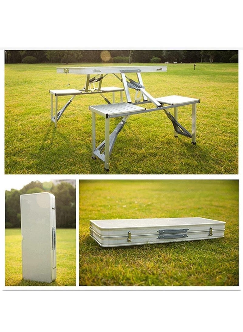 Outdoor Aluminum Portable Folding Camp Table with 4 Seats – Lightweight Silver Picnic Table Suitcase for Camping, Tailgating, and Backyard Gatherings