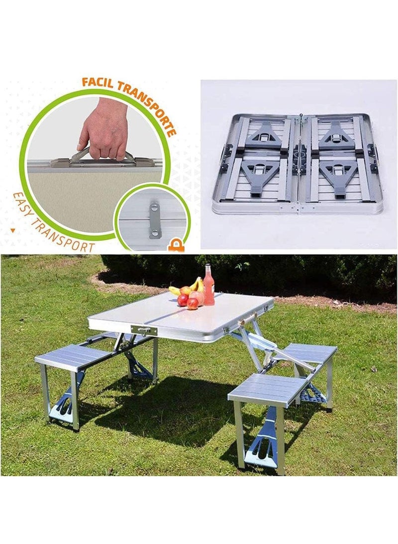 Outdoor Aluminum Portable Folding Camp Table with 4 Seats – Lightweight Silver Picnic Table Suitcase for Camping, Tailgating, and Backyard Gatherings