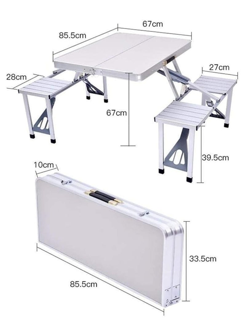 Outdoor Aluminum Portable Folding Camp Table with 4 Seats – Lightweight Silver Picnic Table Suitcase for Camping, Tailgating, and Backyard Gatherings