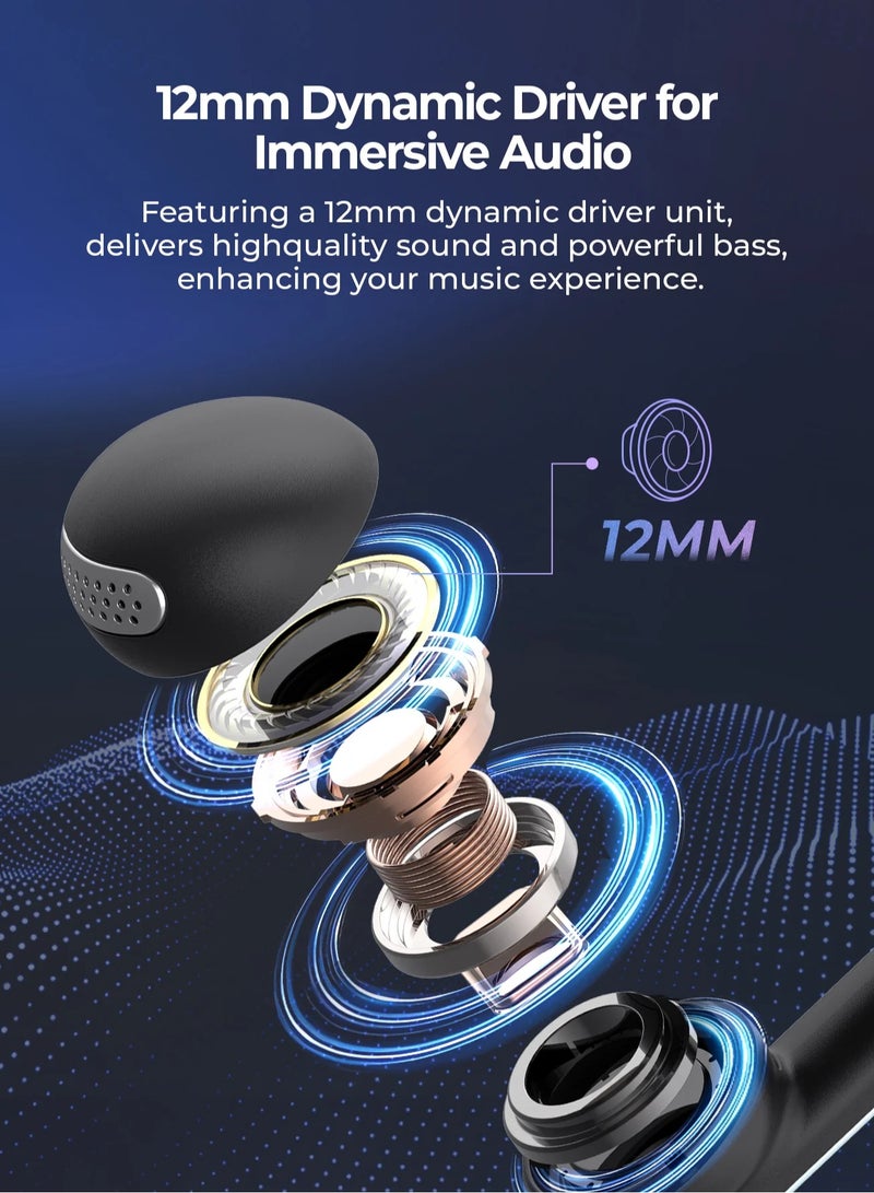Open-Ear Clip Headphones with Bluetooth V5.3, Dual Microphones, and High-Quality Stereo Sound, AI Call Noise Cancellation for Clear Calls, Earbud and Ear Hook Design, IPX4 Waterproof Rating, 23 Hours of Playtime with Charging Case, Type-C Charging, and Smart touch controls- Black