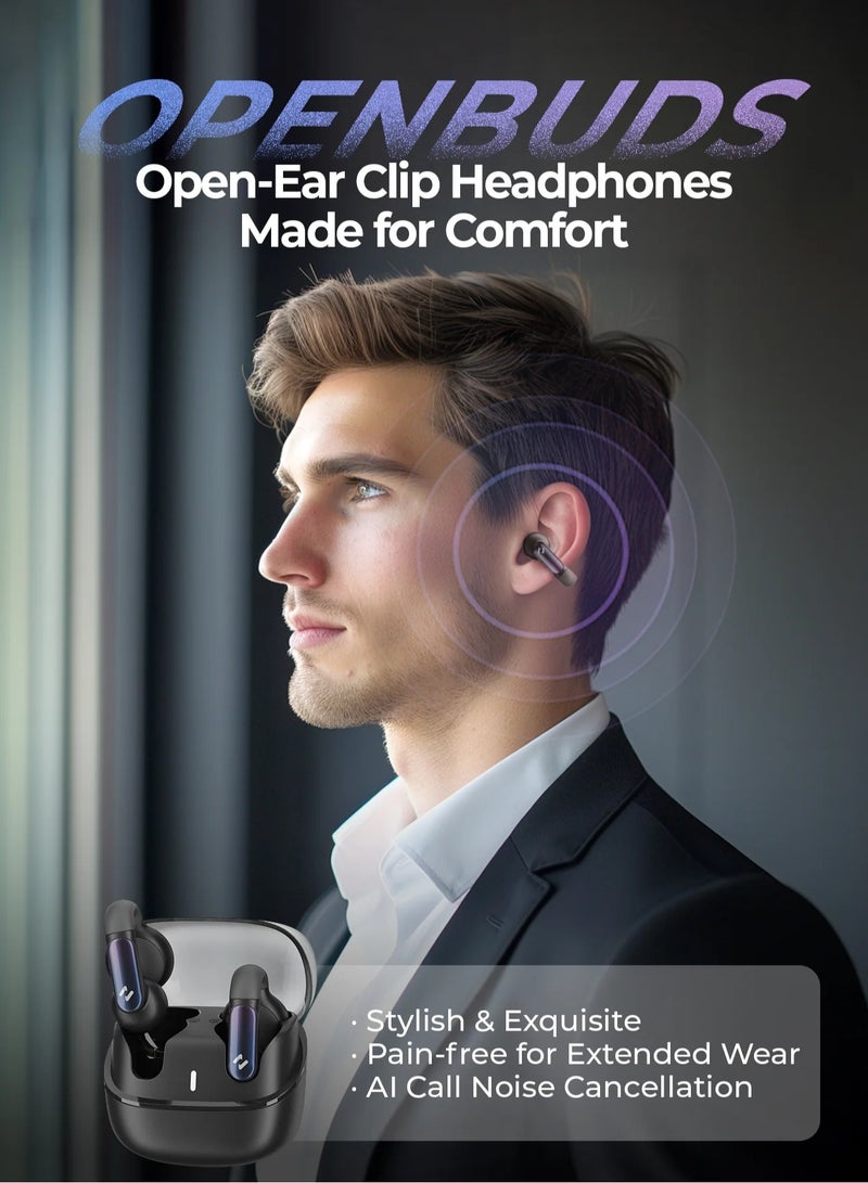 Open-Ear Clip Headphones with Bluetooth V5.3, Dual Microphones, and High-Quality Stereo Sound, AI Call Noise Cancellation for Clear Calls, Earbud and Ear Hook Design, IPX4 Waterproof Rating, 23 Hours of Playtime with Charging Case, Type-C Charging, and Smart touch controls- Black