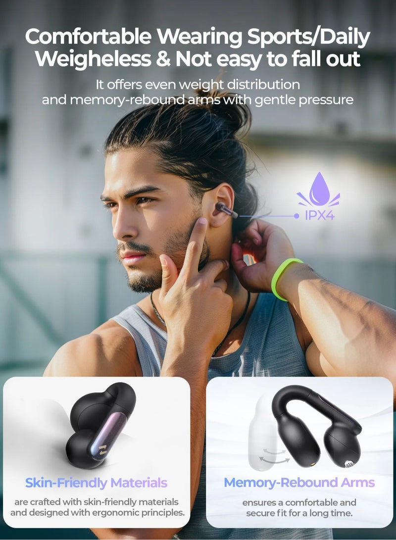 Open-Ear Clip Headphones with Bluetooth V5.3, Dual Microphones, and High-Quality Stereo Sound, AI Call Noise Cancellation for Clear Calls, Earbud and Ear Hook Design, IPX4 Waterproof Rating, 23 Hours of Playtime with Charging Case, Type-C Charging, and Smart touch controls- Black