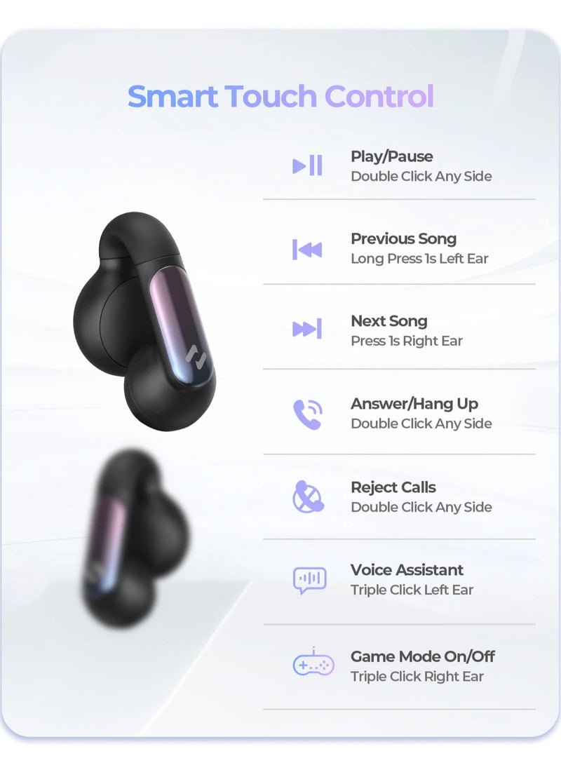 Open-Ear Clip Headphones with Bluetooth V5.3, Dual Microphones, and High-Quality Stereo Sound, AI Call Noise Cancellation for Clear Calls, Earbud and Ear Hook Design, IPX4 Waterproof Rating, 23 Hours of Playtime with Charging Case, Type-C Charging, and Smart touch controls- Black