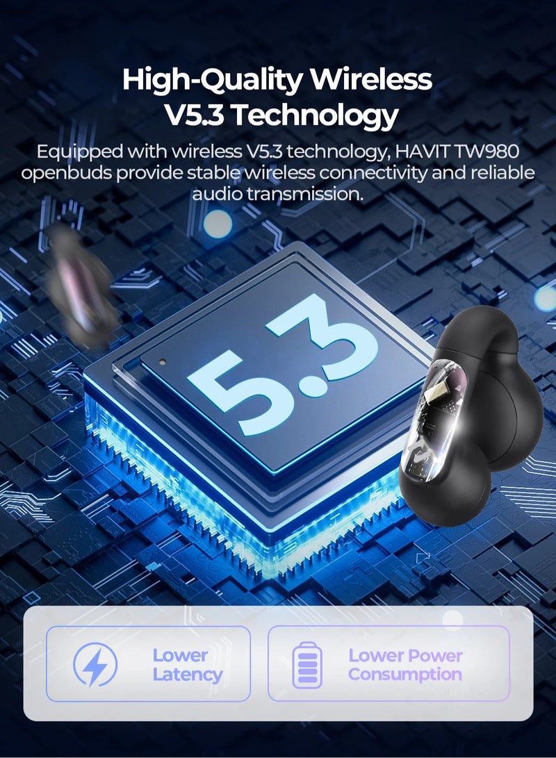 Open-Ear Clip Headphones with Bluetooth V5.3, Dual Microphones, and High-Quality Stereo Sound, AI Call Noise Cancellation for Clear Calls, Earbud and Ear Hook Design, IPX4 Waterproof Rating, 23 Hours of Playtime with Charging Case, Type-C Charging, and Smart touch controls- Black