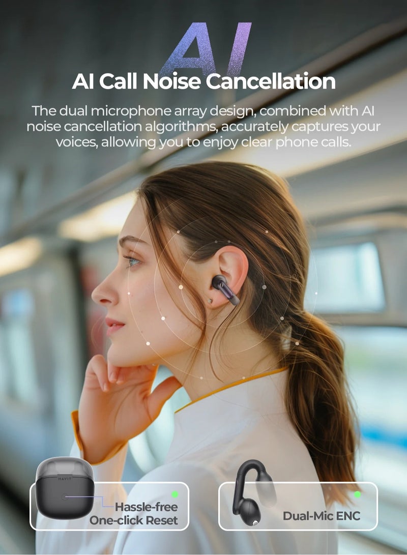 Open-Ear Clip Headphones with Bluetooth V5.3, Dual Microphones, and High-Quality Stereo Sound, AI Call Noise Cancellation for Clear Calls, Earbud and Ear Hook Design, IPX4 Waterproof Rating, 23 Hours of Playtime with Charging Case, Type-C Charging, and Smart touch controls- Black
