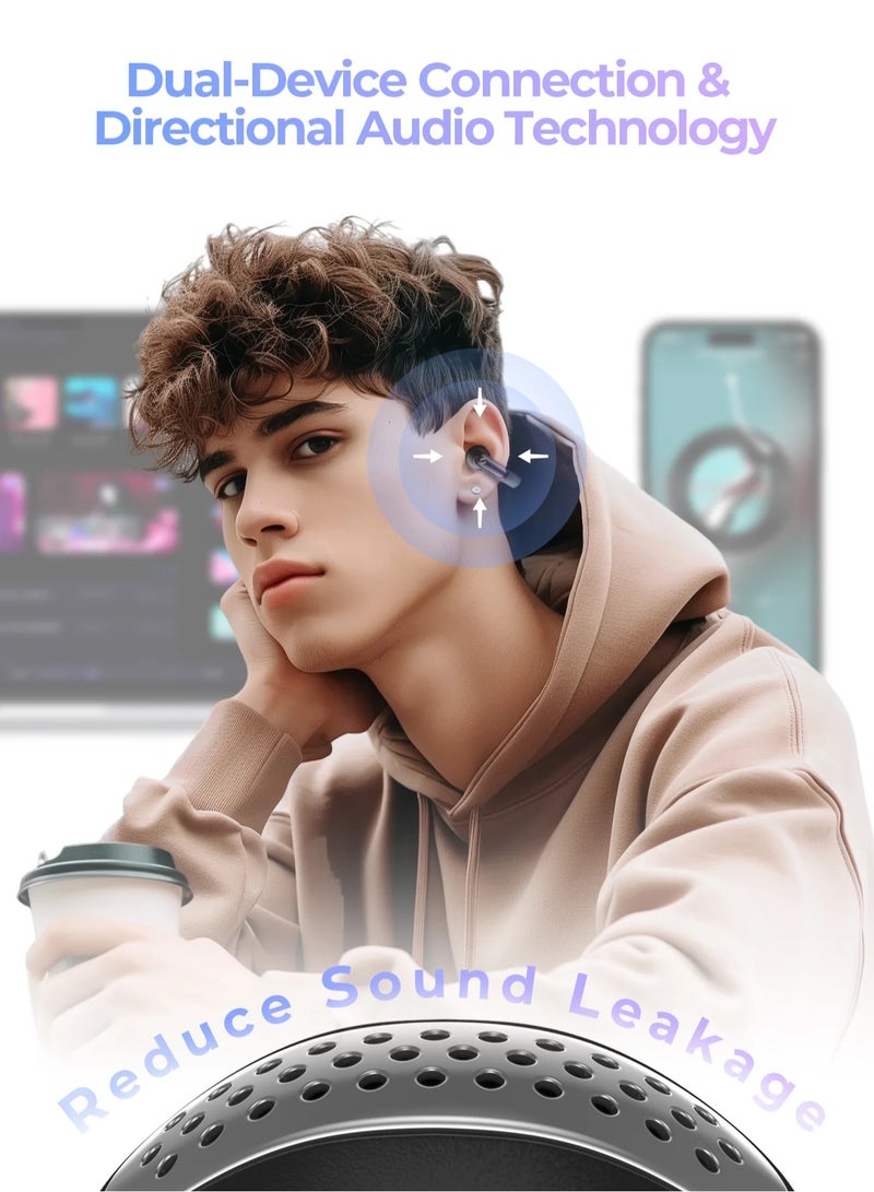 Open-Ear Clip Headphones with Bluetooth V5.3, Dual Microphones, and High-Quality Stereo Sound, AI Call Noise Cancellation for Clear Calls, Earbud and Ear Hook Design, IPX4 Waterproof Rating, 23 Hours of Playtime with Charging Case, Type-C Charging, and Smart touch controls- Black