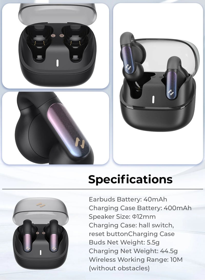 Open-Ear Clip Headphones with Bluetooth V5.3, Dual Microphones, and High-Quality Stereo Sound, AI Call Noise Cancellation for Clear Calls, Earbud and Ear Hook Design, IPX4 Waterproof Rating, 23 Hours of Playtime with Charging Case, Type-C Charging, and Smart touch controls- Black
