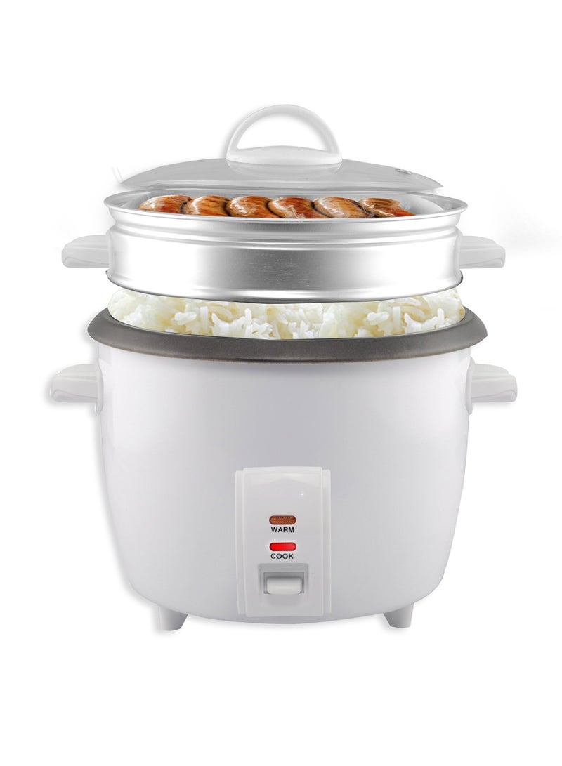 Rice Cooker 1 Liter/10 Cup with Aluminum Vegetable Steam Tray - White