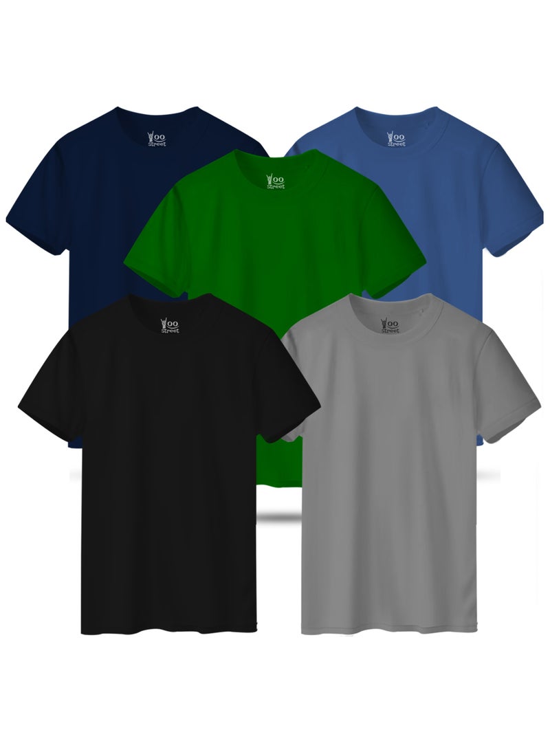 Bundle of 5 Classic T-Shirts - BLACK GRAY GREEN NAVY BLUE LIGHT INDIGO