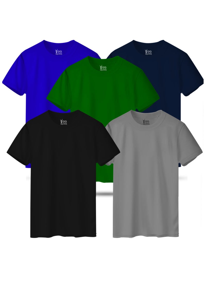 Bundle of 5 Classic T-Shirts - BLACK GRAY GREEN BLUE NAVY BLUE