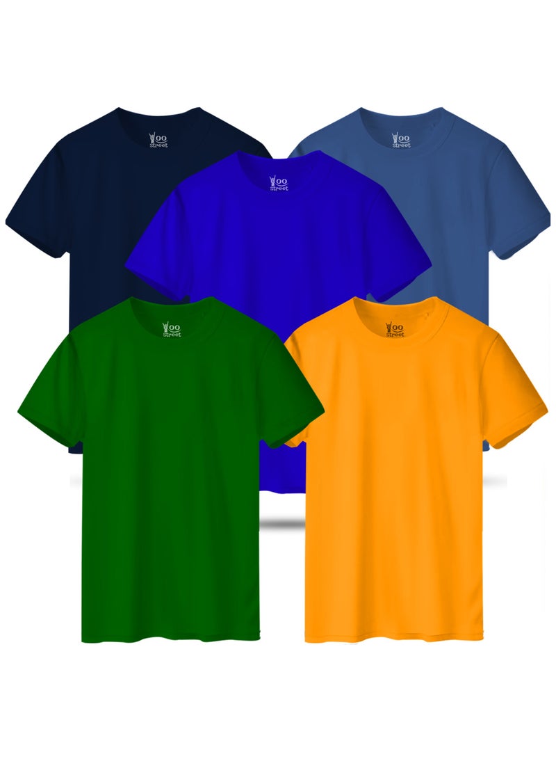 Bundle of 5 Classic T-Shirts - GREEN YELLOW BLUE NAVY BLUE LIGHT INDIGO