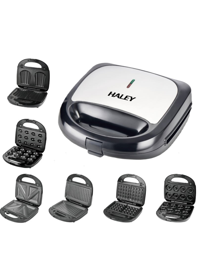 HALEY Sandwich Maker,6-in-1 Multi Snack Maker, Detachable Sandwich, Grill, Waffle Making Plates with Bakelite Coating, 1-Year Warranty (6 In 1)