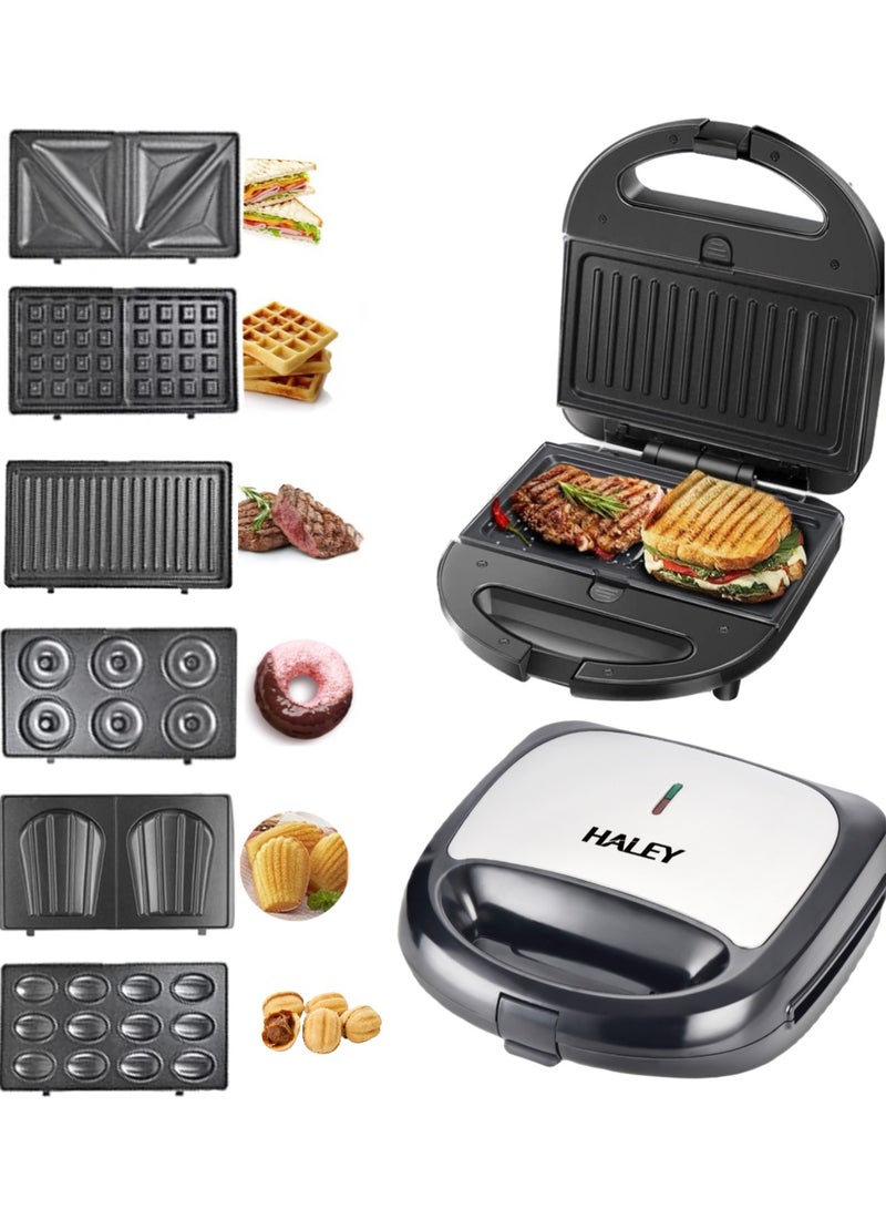 HALEY Sandwich Maker,6-in-1 Multi Snack Maker, Detachable Sandwich, Grill, Waffle Making Plates with Bakelite Coating, 1-Year Warranty (6 In 1)