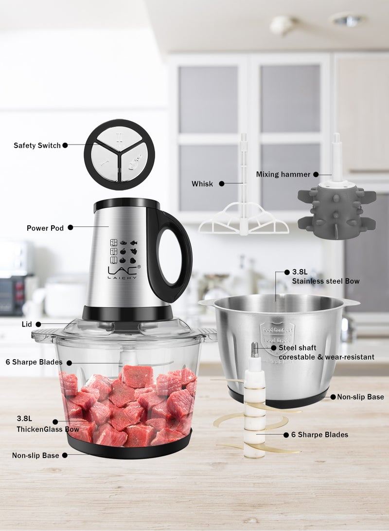 3.8L Large Food Processors,Meat Grinder Veggie Chopper with with 2 pieces 16Cup Bowls 350W Electric Food Processors,3 Speed,2 pieces 4 Bi-Level Bladesand Spatula for Baby Food,Meat,Vegetables,Fruits