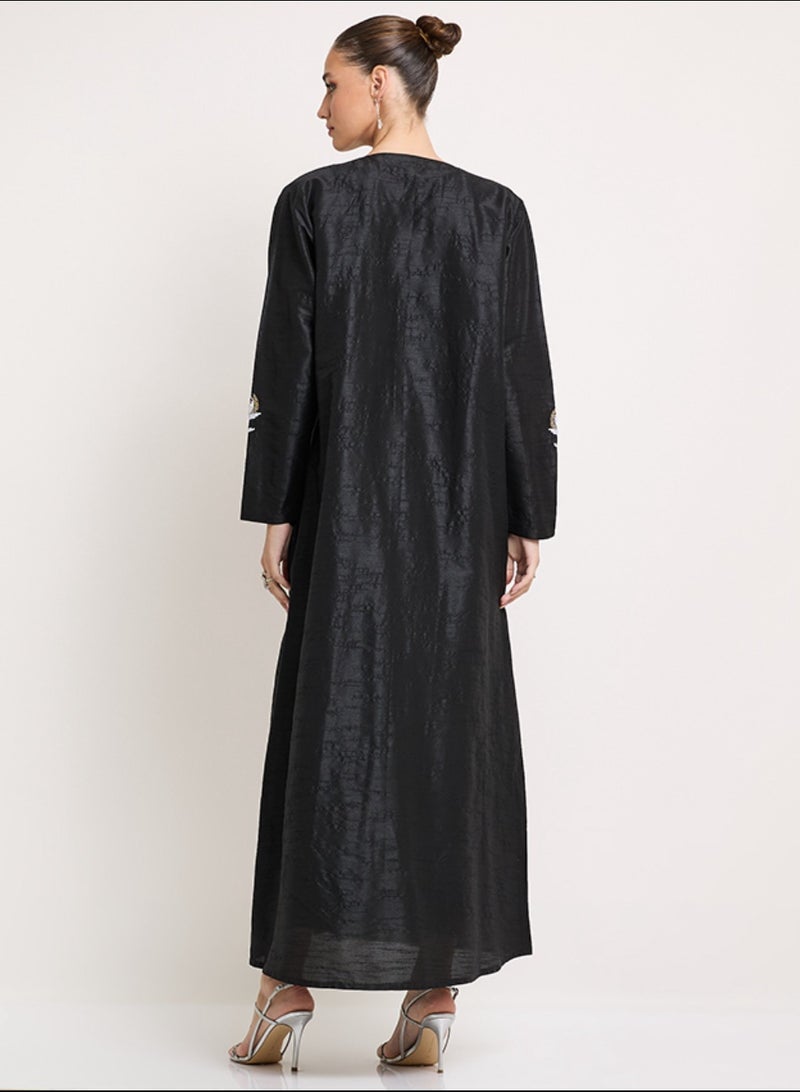 Black Abaya with tulip Flowers hand embroidery