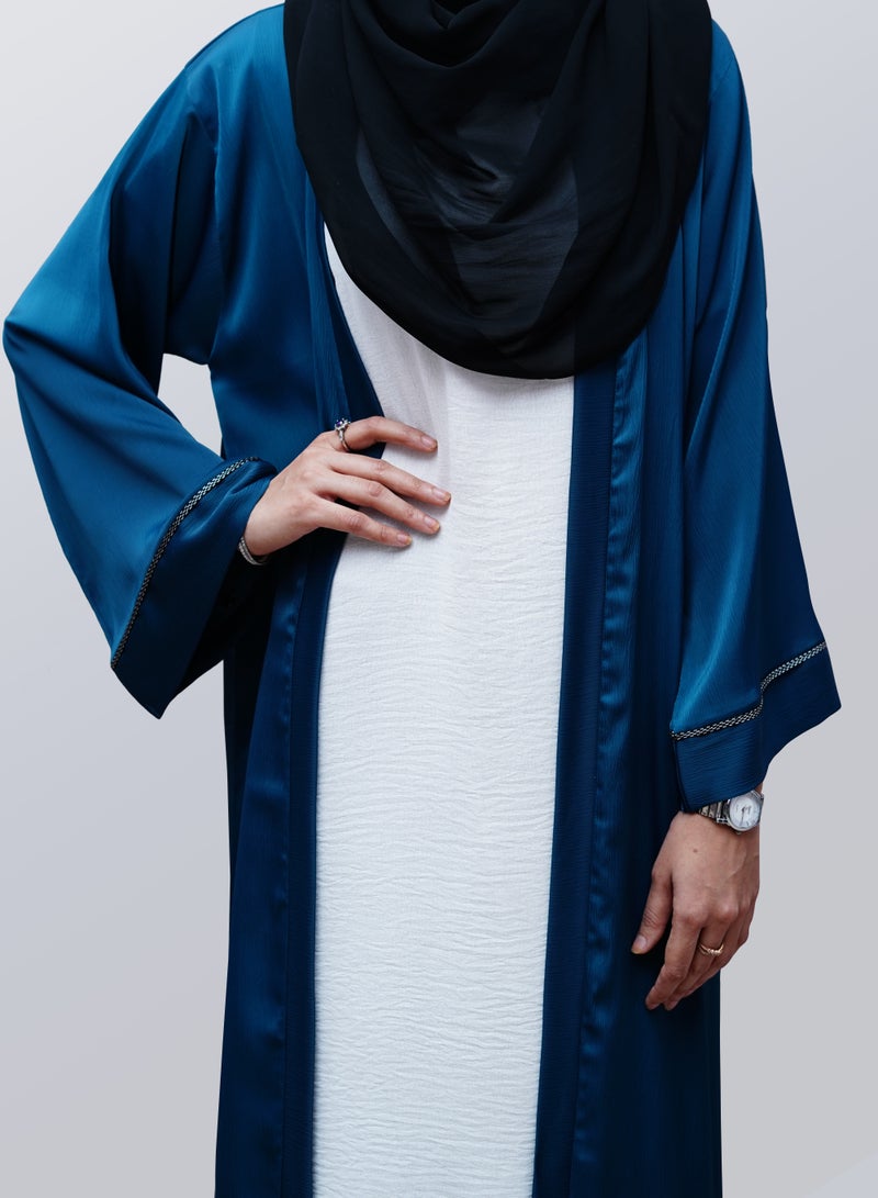 Peacock Blue Open Abaya with White Inner