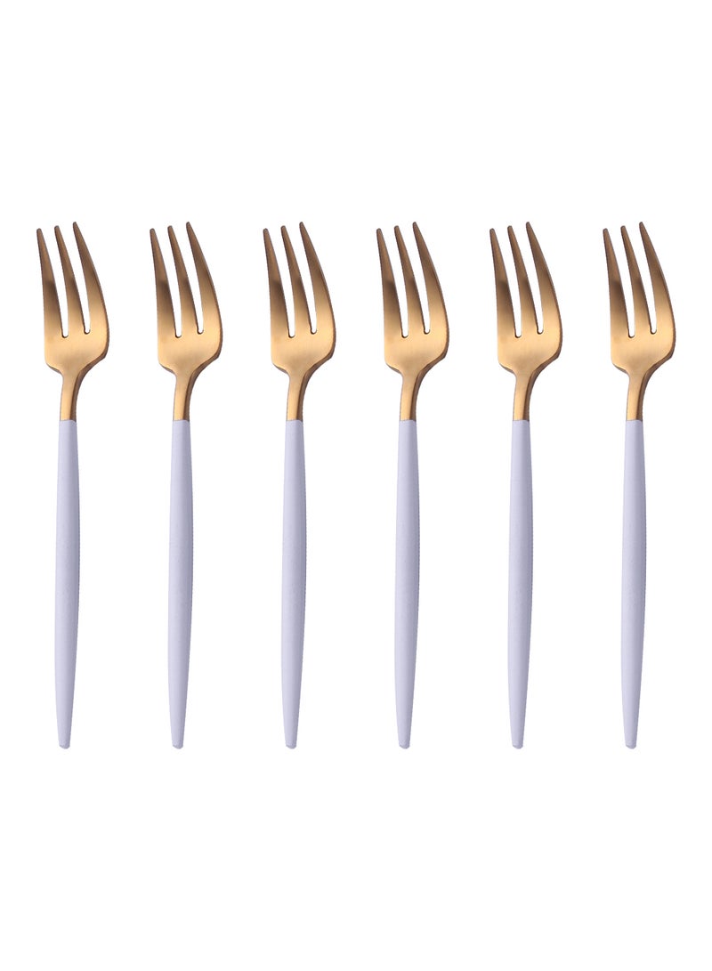 6-Piece Stainless Steel Matt Polish Cake Fork Set Gold/White 13.3centimeter