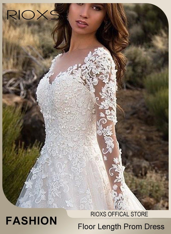 Lace Appliqued Wedding Dress, Long Sleeve Bridal Gown Garment with V-Neck Design, Stylish Elegant Floor-length Wedding Gowns, Good Accompaniment for Ball Gown, Wedding Dress, Bride Dress and Princess Dress