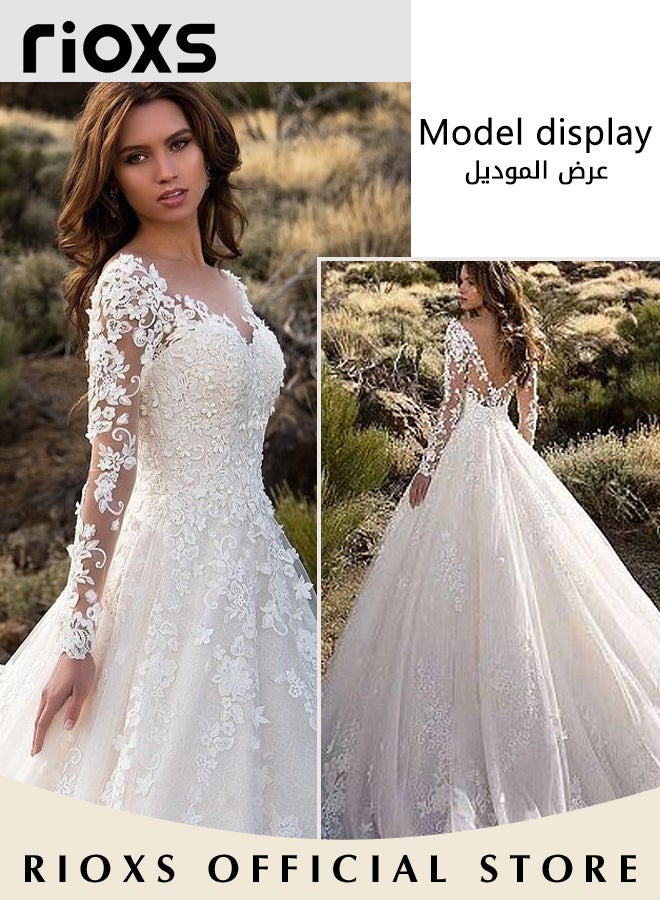 Lace Appliqued Wedding Dress, Long Sleeve Bridal Gown Garment with V-Neck Design, Stylish Elegant Floor-length Wedding Gowns, Good Accompaniment for Ball Gown, Wedding Dress, Bride Dress and Princess Dress