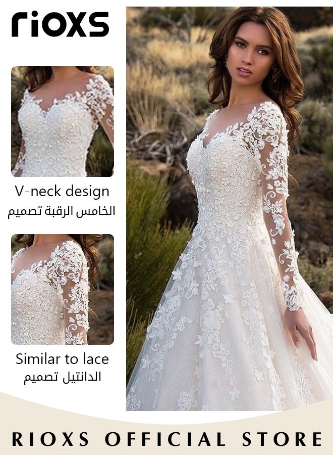 Lace Appliqued Wedding Dress, Long Sleeve Bridal Gown Garment with V-Neck Design, Stylish Elegant Floor-length Wedding Gowns, Good Accompaniment for Ball Gown, Wedding Dress, Bride Dress and Princess Dress