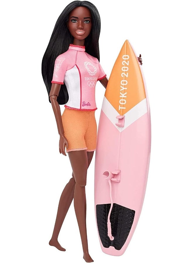 Barbie Olympic Games Tokyo 2020 Surfer Doll with Surf Uniform, Tokyo 2020 Jacket, Medal, Tokyo 2020 Surfboard with Fins