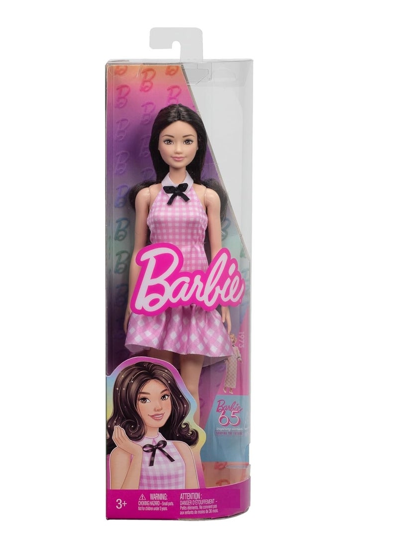 Barbie Fashionistas Doll with Black Wavy Hair, Pink Gingham Dress & Accessories